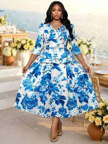 Fleurora Plus Size Women's Floral Print Waist-Cinching Slimming Pleated Asymmetrical Hem Elegant Ninang Skirt Wedding Evening Formal White Summer - Blue and White - View 4