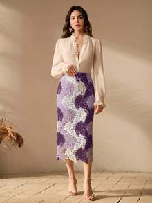 Anewsta Autumn High-Quality Standard Size Women's Fashion Contrast Color Hollow Embroidery Vintage Elegant Skirt, Wedding, Garden Party Night Purple Floral - Multicolor - View 4