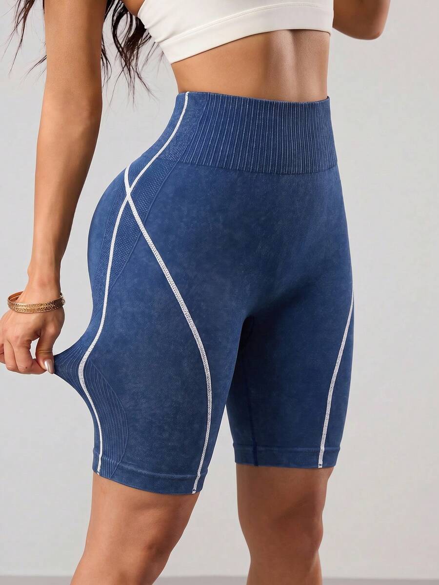 SHEIN Sports 1pc Women's Seamless Washed Matte Ribbed Contrast Color Wide Waistband Basic Running Fitness Workout Cycling Sports Shorts - Blue - View 1