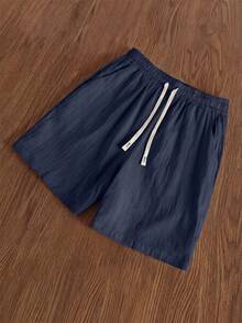 Manfinity Hypemode Pantalones cortos casuales y cómodos de algodón y lino con cordón para hombres, para vacaciones - Azul Marino - Ver 2