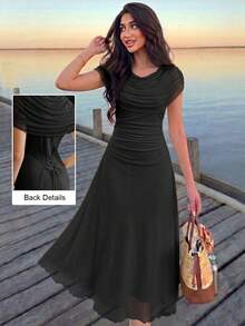 Modelyn Pale Yellow Mesh Ruched Back Tie Elegant French Style Wedding Dress For Women - Black - View 1