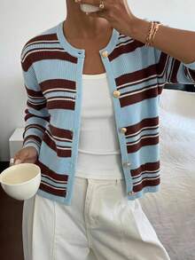 SHEIN EZwear 女士休闲度假通勤撞色条纹单排扣开衫，秋冬款 - 彩色 - 查看 11