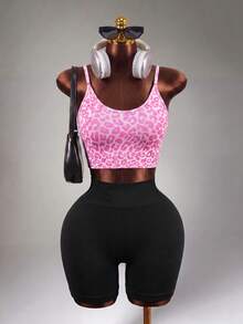 Mistrie 1pc Women's Criss-Cross Racerback Sports Bra,Pink Leopard Print,Summer,Sexsy,Gym Cheetah Print Yoga Running Sports Bra - Hot Pink - View 5