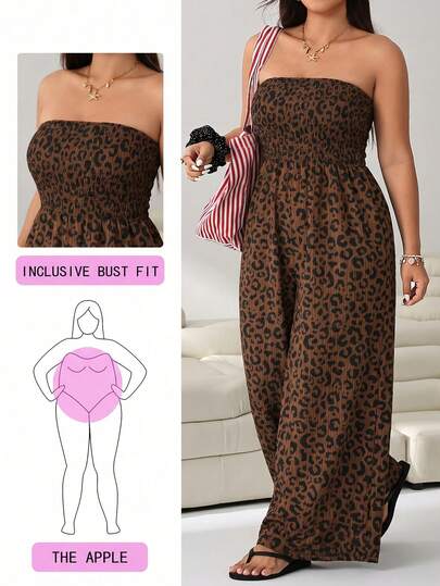 SHEIN EZwear Plus Size Women's Fashion Vacation Style Leopard Print Shirred Bodice Strapless Wide Leg Jumpsuit