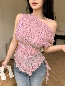 Modelyn 女款黃色碎花不對稱單肩荷葉邊百褶性感極簡度假上衣 - 粉色 - 查看 3