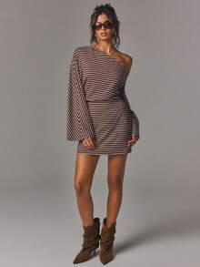 Athîral Women's Striped Print Asymmetrical Neck Flared Sleeve Cinched Waist Mini Dress,Autumn  Outfit,Going Out Dress,Office Outfits,Holiday Date Party - Brown - View 4