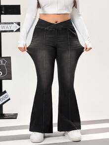 Flexra Plus Size Casual Everyday Date Night Dinner Washed V-Waist Flare Leg Jeans Black Summer - Light Grey - View 6