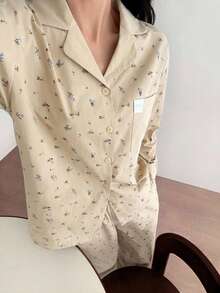 DAZY 女款睡衣套裝，蝴蝶結圖案織標裝飾，碎花與純色布料拼接 - 黃色 - 查看 6