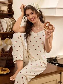 Kirschenmuster Camisole Top & Hose Pyjama Set - Beige - Übersicht 6