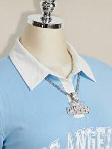 SHEIN ICON Women's Plus Size Polo Collar Light Blue Contrast Mini Dress Back-To-School Graduation Summer 90s - Baby Blue - View 8