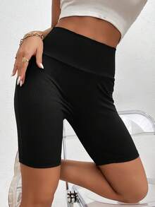 Chiquease Shorts biker de cintura ancha tejido de canalé - Negro - Ver 3