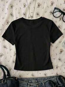 SHEIN Teen Girl/Teen Girls' All-Match Black Casual Ruched Waist Short Sleeve T-Shirt - Black - View 2