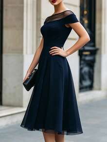 RosyDaze New Elegant Solid Color Mesh Patchwork Dress, Suitable For Spring, Summer, Autumn, Winter, Outings, Dates, Festivals, Formal Occasions, Parties, Navy Blue Off-The-Shoulder Dress - Blue - View 5