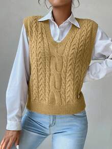 SHEIN PariChic Women's Solid Color Casual Versatile Daily Wear Knitted Vest - Camel - View 5