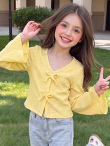 Elladie kids Girls' Solid Color Loose Bowknot Flared Sleeve Button-Up Shirt, Blouse For Vacation, Back To School, Outings, Long Sleeve Yellow Top, Autumn Fairy - Yellow - View 4