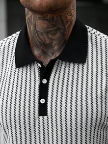 Manfinity CasualCool 男士夏季街頭休閒條紋拼接滾邊 Polo 衫 - 黑與白 - 查看 3