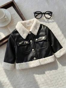 SHEIN 女嬰秋冬可愛百搭保暖內裡翻領夾克外套 - 黑色 - 查看 6