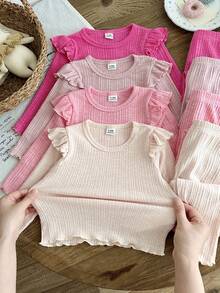 SHEIN Vintaside Kids 女嬰 0-3 歲 8 件組 春秋可愛休閒簡約外出套裝 4 件上衣與 4 件長褲 - 彩色 - 查看 5