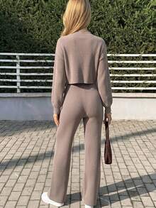 MainGRL Autumn And Winter Women's Casual Solid Color Long Sleeves Knitwear Cardigan Two Pieces Set - Camel - View 2