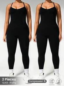 Velisys Velisys 2 Potong Set Jumpsuit Olahraga Wanita Ukuran Besar - Hitam - View 1