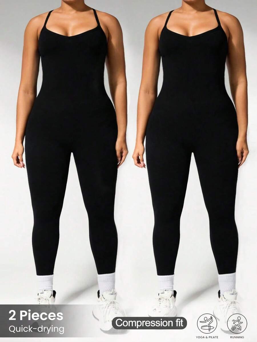 Velisys Velisys 2 Potong Set Jumpsuit Olahraga Wanita Ukuran Besar - Hitam - View 1