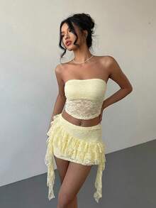 Aloruh 女款性感優雅抹胸上衣搭配荷葉邊下擺迷你裙蕾絲兩件套，奶油黃夏季夜店派對裝 - 淡黃色 - 查看 6