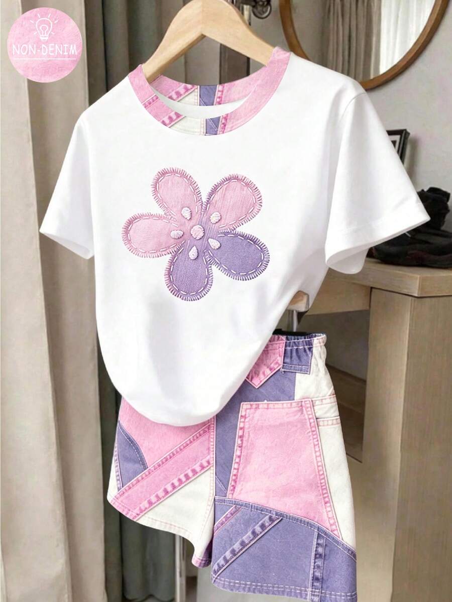 Setelan Lengan Pendek Denim Imitasi Motif Hati untuk Anak Perempuan, Gaya Korea Terbaru Musim Panas, Pakaian Kasual 2 Potong, Celana Pendek Denim Imitasi Motif Digital, Pakaian Sporty untuk Balita dan Anak-Anak, Warna Pink - Putih - View 1