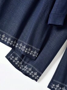 Rusticease 女款幾何刺繡缺口V領長襯衫與長褲休閒兩件套 - 藏蓝色 - 查看 4