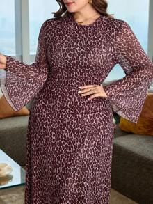 Modelyn Vestido elegante de talla grande con estampado de leopardo para mujer, primavera/verano - Marrón - Ver 1