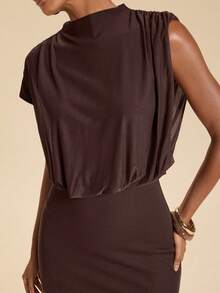 Travachic Women's Solid Color Stand Collar Mermaid Hem Elegant Long Dress Vacation Dark Brown Summer - Brown - View 7