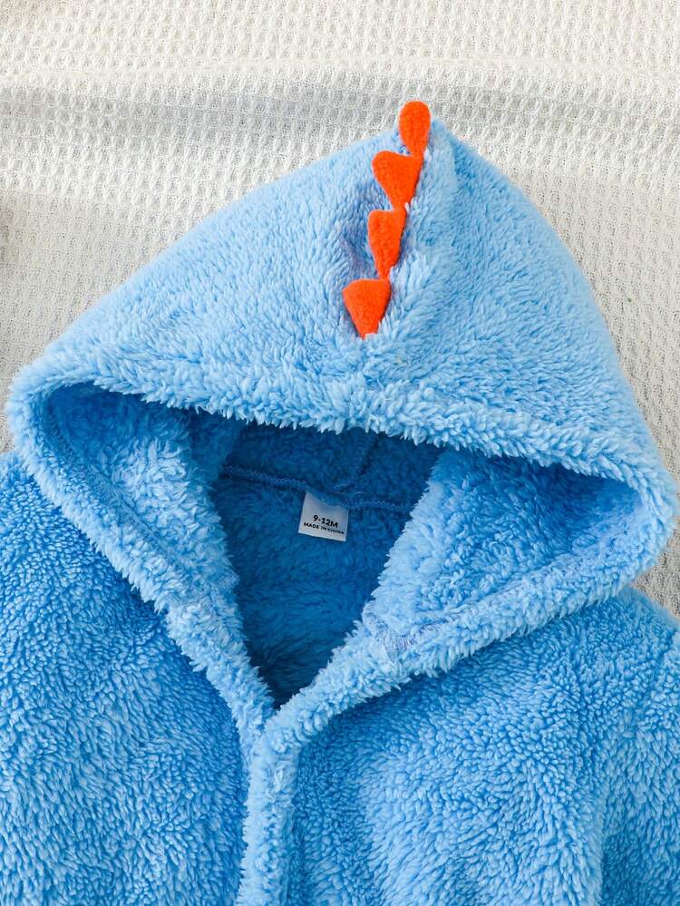 SHEIN Newborn Baby Boy Cute Autumn/Winter Fluffy Dinosaur Design Blue Hooded Loungewear Bathrobe Pajamas,Fall Clothes - Blue - View 3