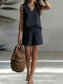 LUMIGAL 2pcs Solid Color Tank Top And Shorts Set For Vacation And Leisure - Navy Blue - View 5