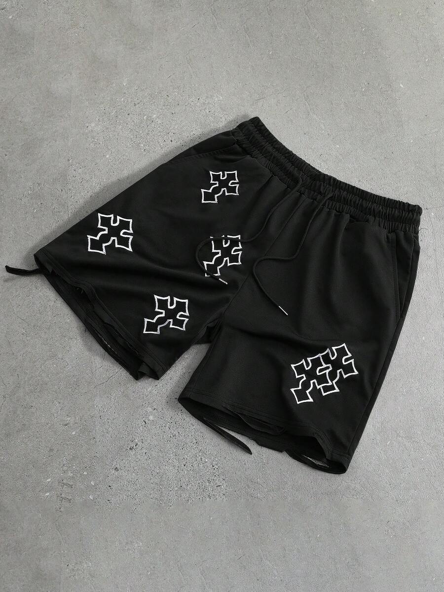 ROMWE MEN Street Life Men's Drawstring Waist Cross Pattern Casual Daily Shorts - Black - View 1