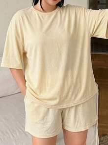 Dazy Plus Solid Color Knit Round Neck Top & Shorts Pajama Set Summer - Yellow - View 8