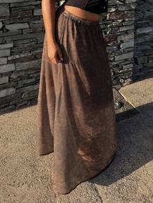 Dazy Plus Falda larga recta de gasa con estampado de leopardo, cintura elástica, estilo versátil para playa, vacaciones y formal, falda marrón para mujer talla grande, casual bohemio de otoño - Marrón - Ver 3