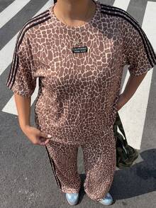 SHEIN EZwear 大尺碼女款全印花拼色上衣與長褲休閒日常兩件套，米色夏季度假騎行裝 - 彩色 - 查看 9