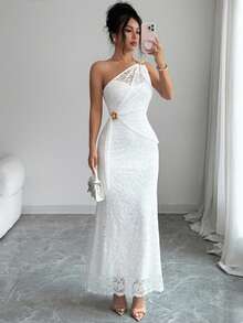 SHEIN Raffinéa Women's Elegant Romantic Lace Asymmetrical Shoulder Design Metal Flower Decor Bodycon Mermaid Dress Wedding Dinner Cocktail White Summer - White - View 6