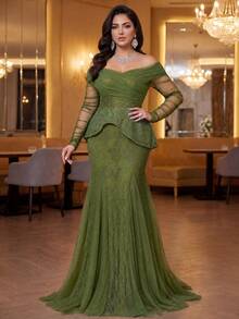 SHEIN Lady CURVE Plus Size Olive Green Winter Elegant Formal Evening Formal Sequin Lace Sheer Off-Shoulder See-Through Sleeve Fishtail Hem Mesh Wedding Gala Party - Army Green - View 3