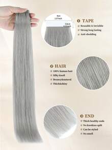 Tape In Hair Extensions Human Hair, #Grey Silky Straight Hair, 14‑22 Inch, Seamless Invisible Design, Top Quality Thick Ends Healthy Hair, 50g Per Pack, Volume Boost For Thin Hair, Easy Application For Professional Salon & Women Daily Styling - SGray - View 3