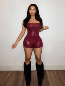 Slaydiva Women's Burgundy Leopard Print PU Square Neck Sleeveless Slim Fit Mini Bodysuit,Summer Club Night Rave Y2K Style,Elegant Party Wedding Streetwear - Burgundy - View 6