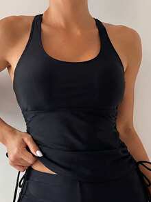 Swim Lushoire 2026 Women's Vacation Season 2-Piece Tankini + Women's Beachwear + Women's Tankini + Pool Party + Spring/Summer + Sexy Vacation Mature Fashion Vintage Romantic Elegant + Black Nylon + Women's Vacation Outfit + Women's Vacation Outfit - Black - View 4