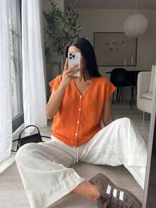 SHEIN 橘色寬鬆短袖休閒早秋女款套頭針織開襟衫 - 橘色 - 查看 6