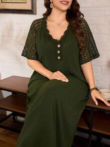 Lacomfia Plus Size Women's V-Neck Lace Trim Embellished Button Decor, 3D Water-Soluble Embroidery Hollow Out Cold Shoulder Short Sleeve Loose Full Skirt Vacation Spring Summer Dress - Army Green - View 1