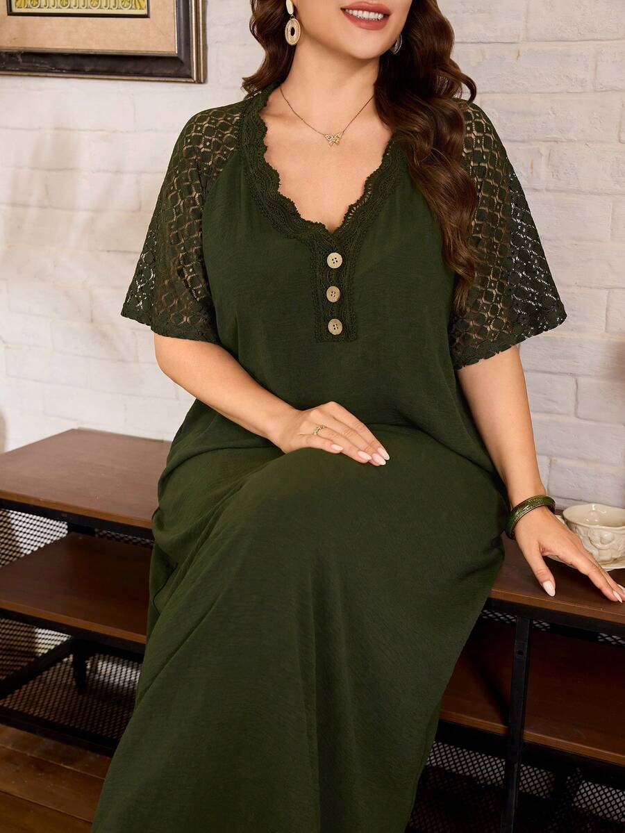 Lacomfia Plus Size Women's V-Neck Lace Trim Embellished Button Decor, 3D Water-Soluble Embroidery Hollow Out Cold Shoulder Short Sleeve Loose Full Skirt Vacation Spring Summer Dress - Army Green - View 1