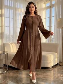 SHEIN Lady CURVE Plus Size Chocolate Brown Autumn Modest Tea Party Dress For Women,Elegant Bell Sleeve Button Front Flared Hem Retro Waist A-Line Casual Office Dress - Brown - View 5