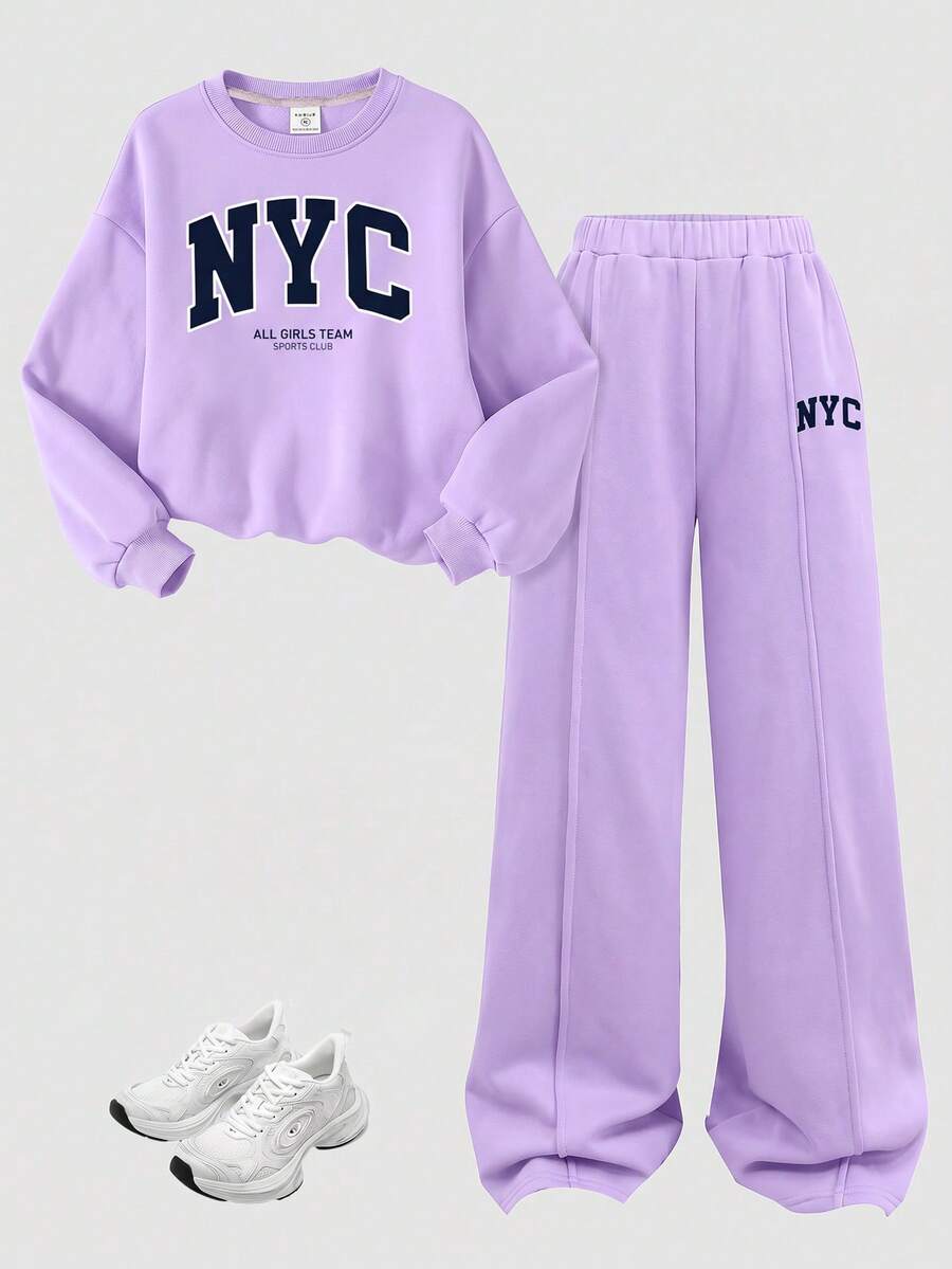 SHEIN Girlism 青少年女孩秋冬休閒保暖內裡加厚運動衫套裝,紐約市印花寬鬆圓領落肩長袖套頭運動衫搭配同款印花百褶寬腿直筒運動長褲,2件式運動風套裝,麻灰色 - 紫色 - 查看 1