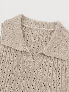 SHEIN Women's Spring/Summer Knitted Vest, Thin Hollow Out Elegant Casual Polo Collar Top - Apricot - View 3