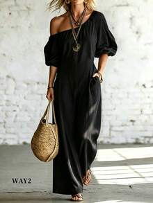 SHEIN Fiorisel Women's Solid Color Casual Loose Off-Shoulder Jumpsuit - Black - View 3