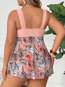 SHEIN CURVE+ Plus Size Women's 2pcs Set Thick Strap Patchwork Printed Mesh Hem Tankini Top & Triangle Bottoms, Vacation Beach Swimsuit - Multicolor - View 2