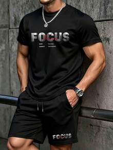 Manfinity Homme 男士字母印花短袖T恤與口袋短褲休閒街頭風日常穿搭健身黑白配色夏季套裝 - 黑色 - 查看 3